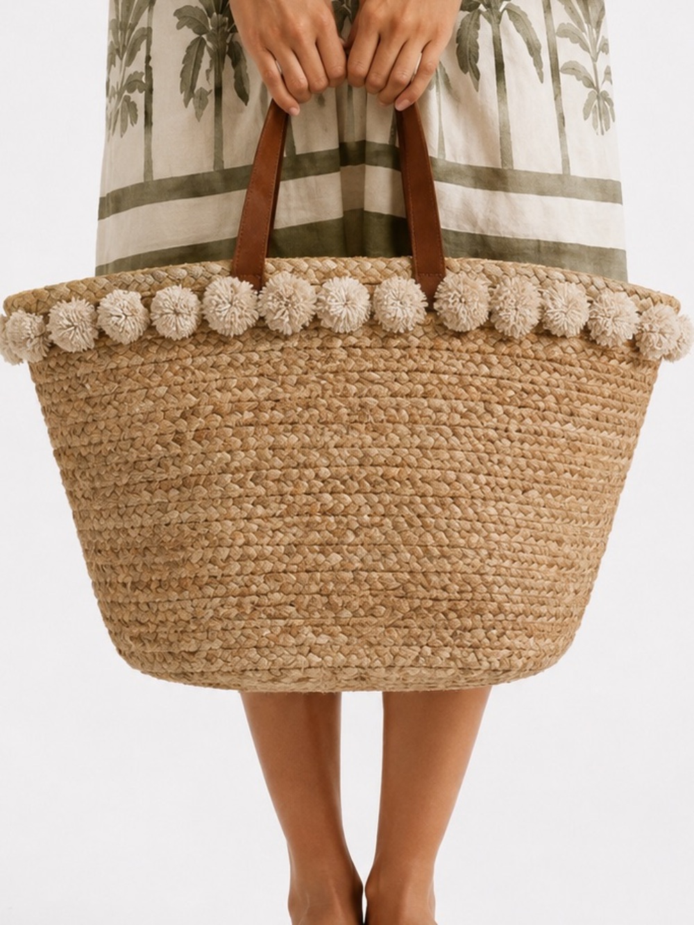 Ballard Designs Retired Porto Pom Pom Jute Tote Beach Market Bag Leather Handles